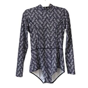Axe sea blue and white SPF 50 longsleeve high neck‎ rash guard swimsuit. Size 12